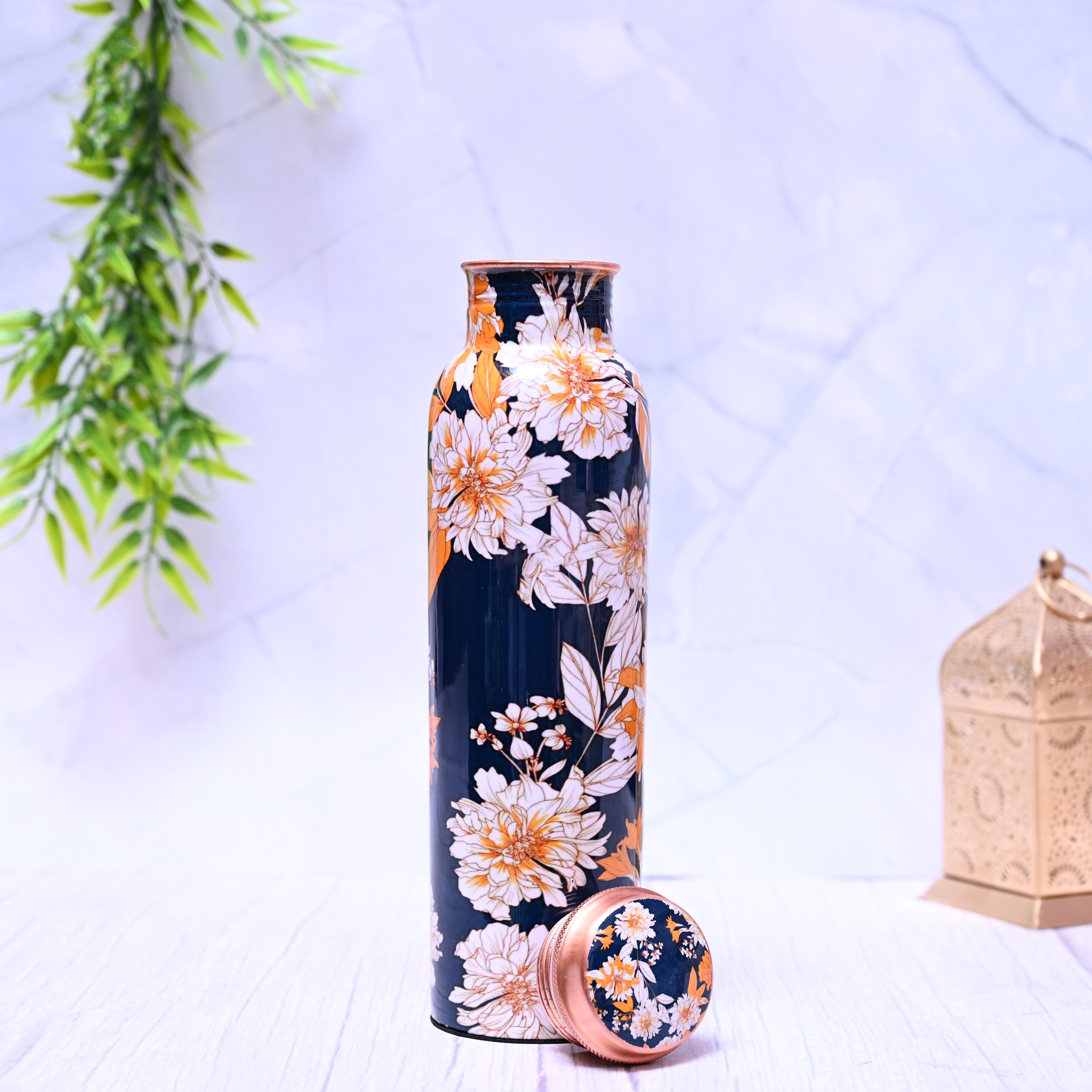 Pure Copper White Lily Blue Design 1000 ML Leak Proof Water Bottle - Rosetta Creative Boutique